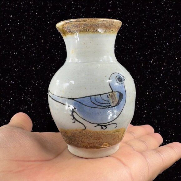 Mexico Pottery Bud Vase Tonala Hand Painted Bird Two Sided Tree Mexican Pottery - Picture 2 of 13